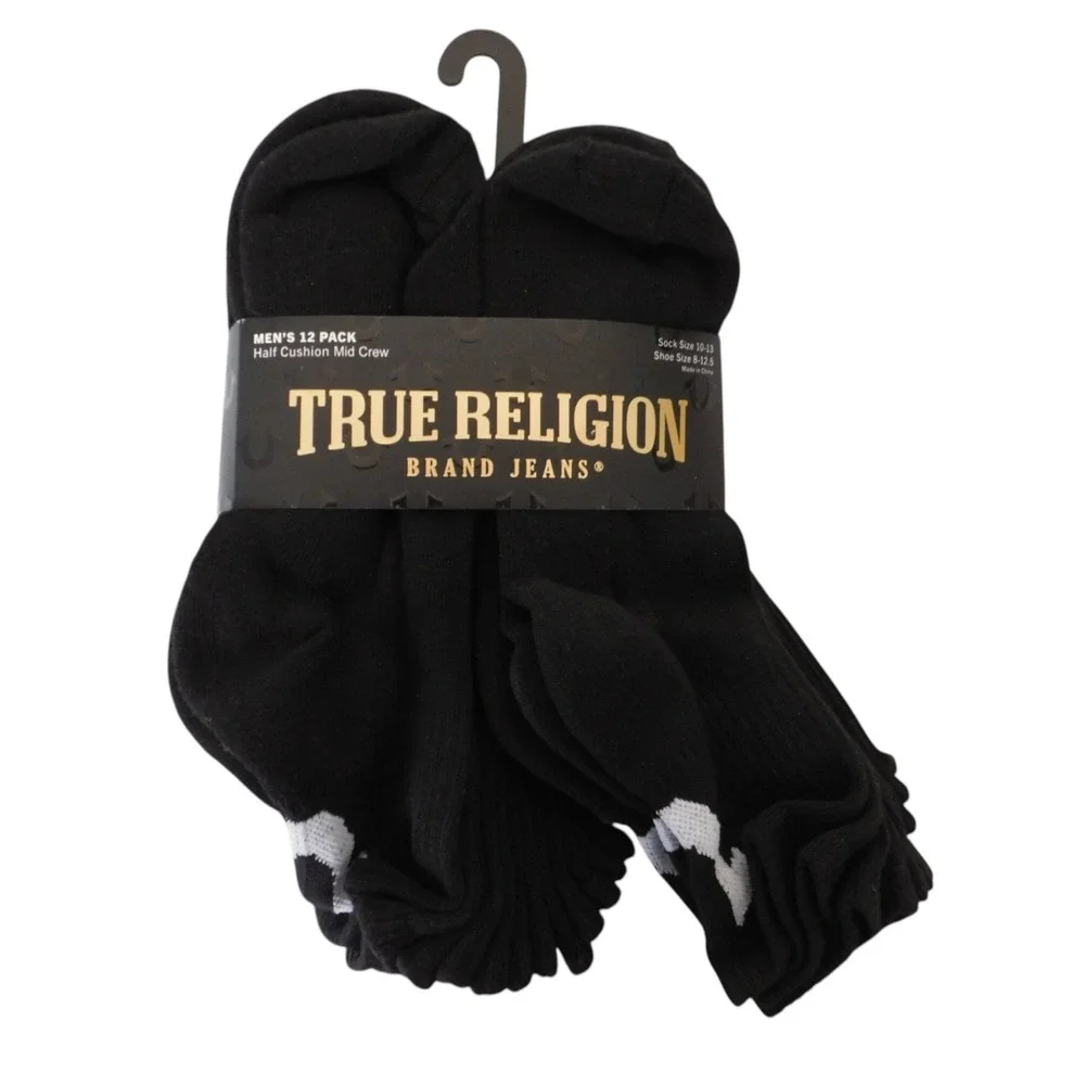 True religion 12 pack half cushion mid crew socks black for‎ shoe sizes 8 - 12.5