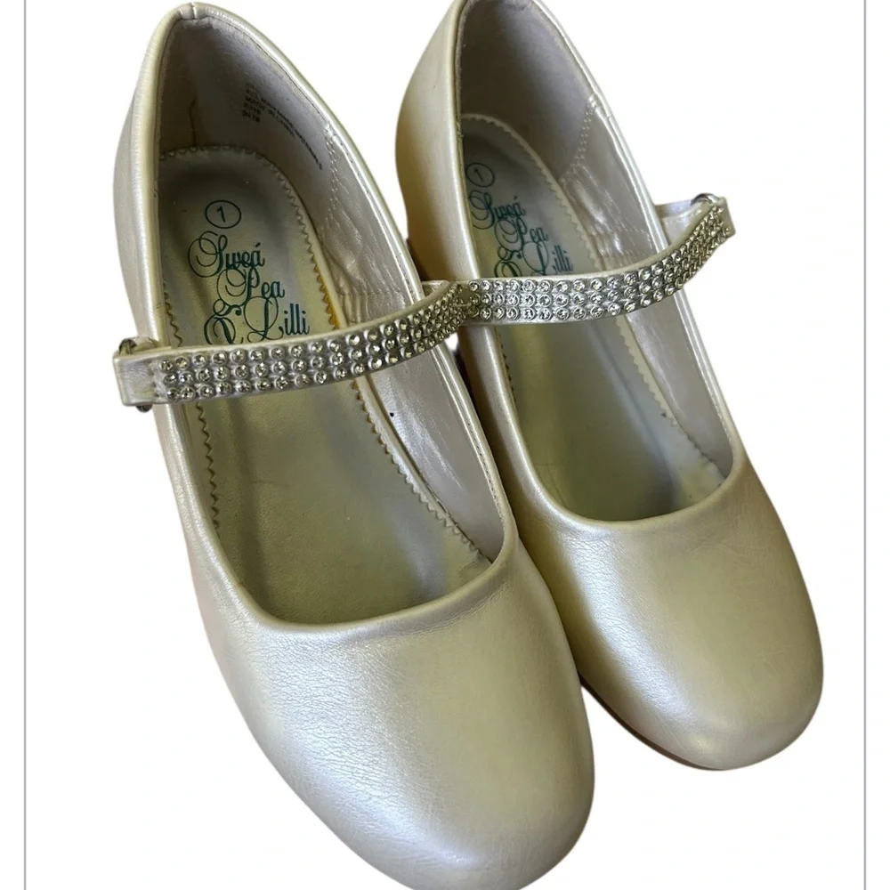 Swea Pea & Lilli girls formal Mary Janes Pearl White Rhinestones Excellent 1