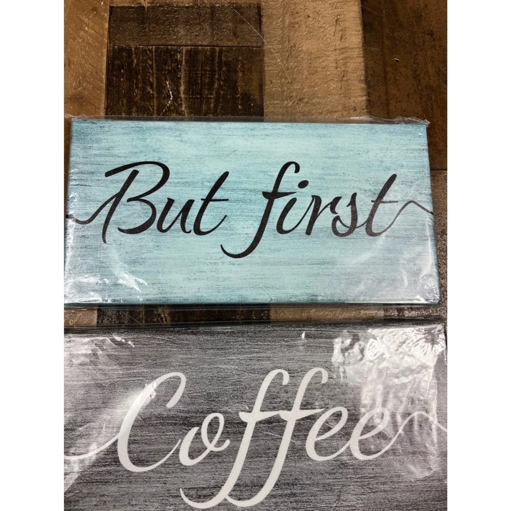 Set of 3 Coffee Canvas Wall Art Signs But First Coffee Kitchen Decor Teal Grey