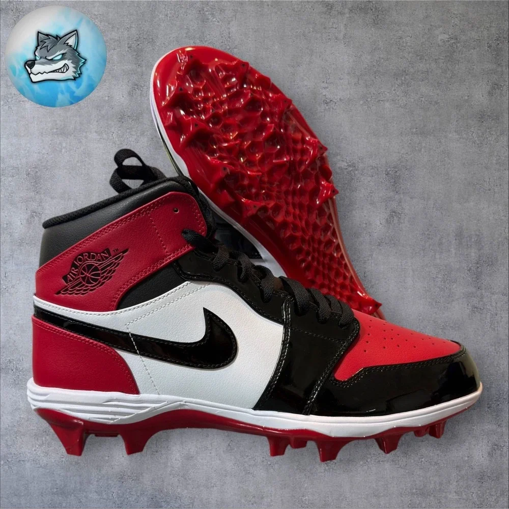 Jordan 1 Mid TD Bred Toe Football Cleats Gym Red Black Men's Size 12 FJ6805-601