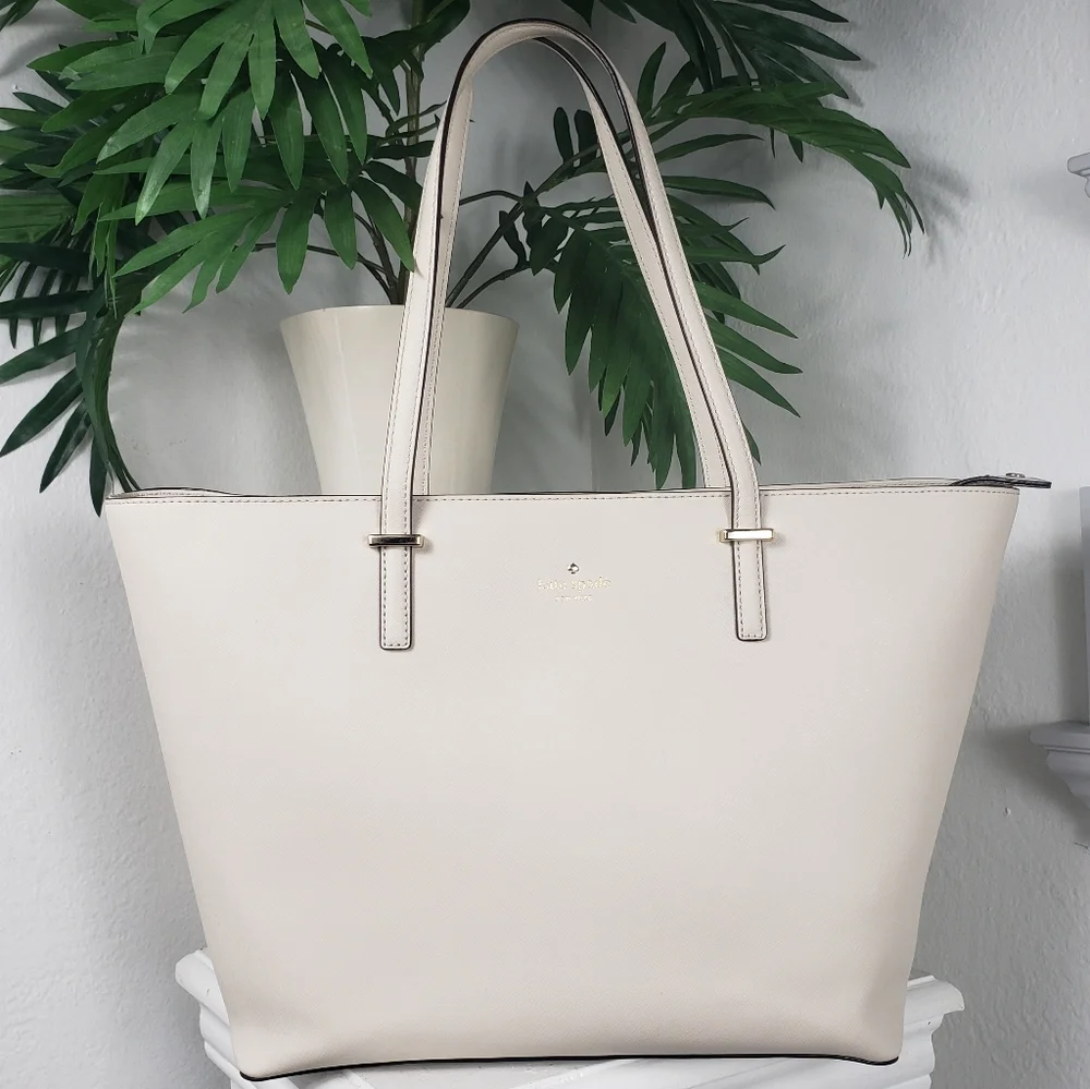 Kate Spade HUGE Cream Leather Tote Travel Bag Luggage Nuetral Normcore 19 x 11