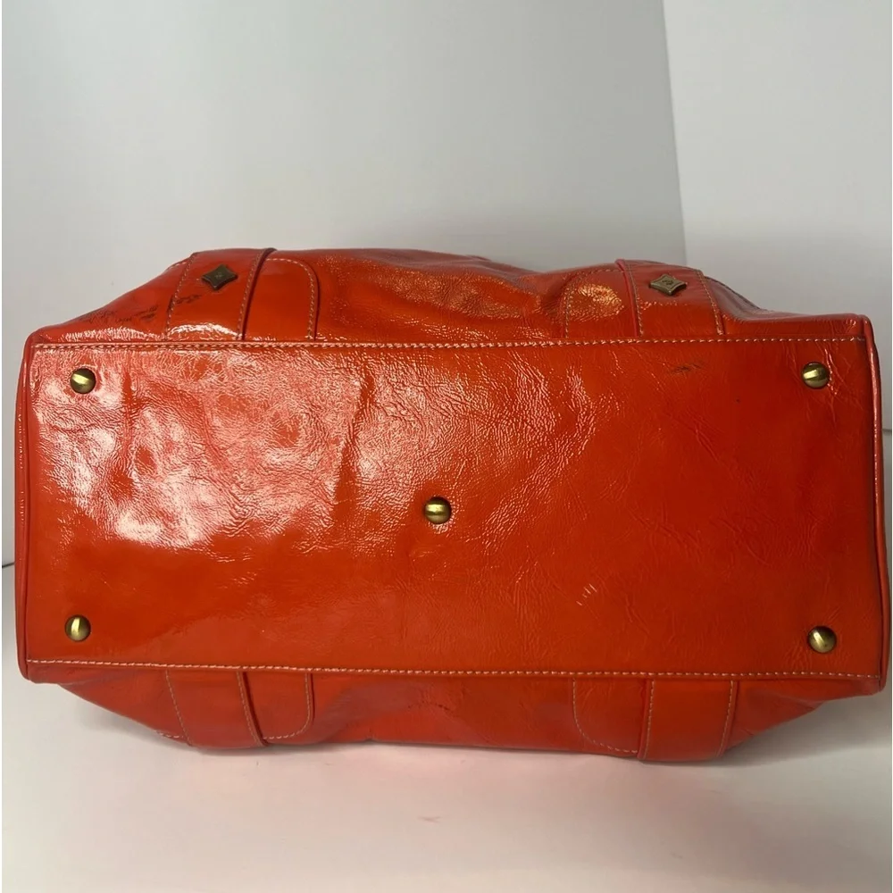 MCM Orange Patent Leather Top Zipper Silver Studded Accent Satchel/Handbag‎ 🧡