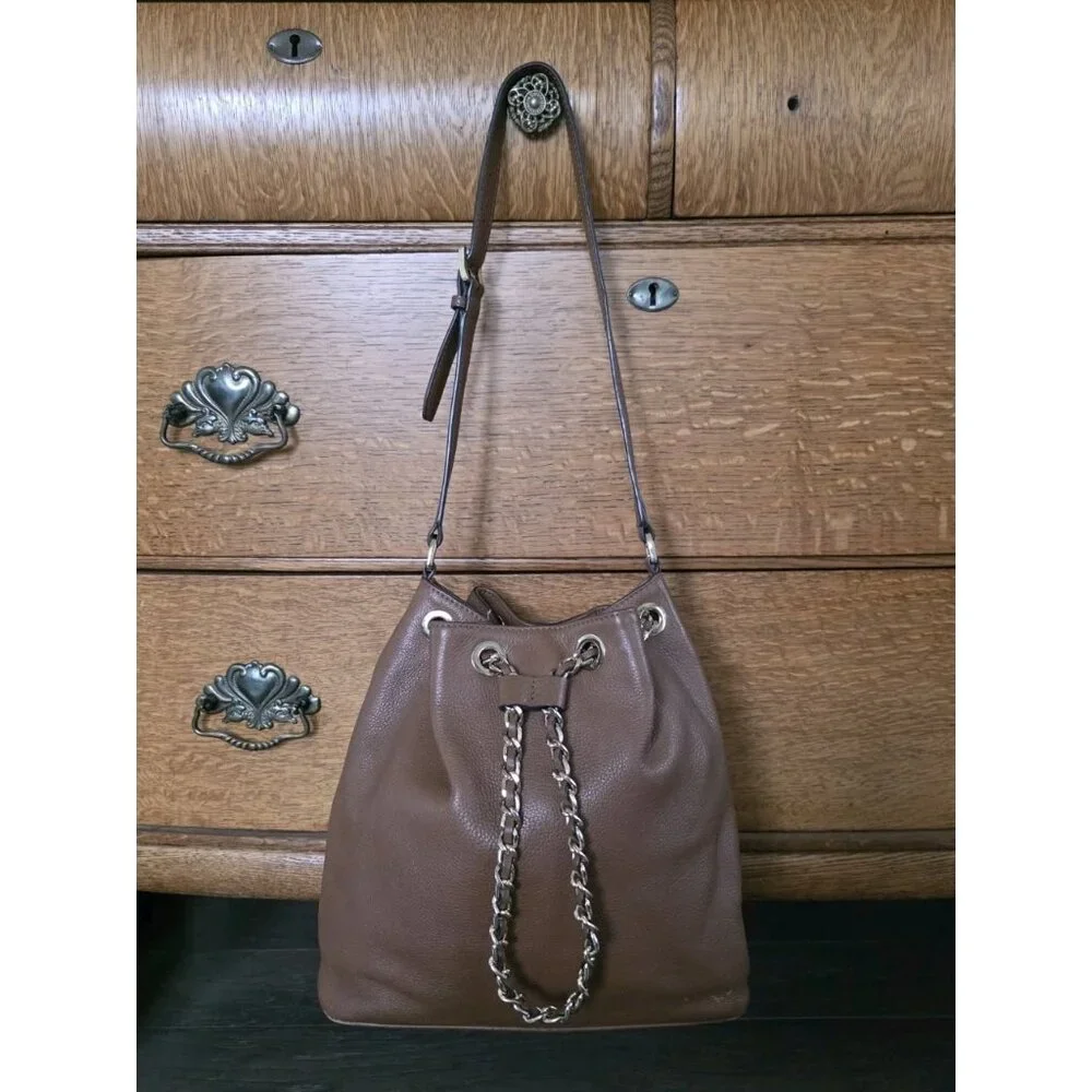 Michael Kors Frankie Brown Pebbled Leather Drawstring Convertible Shoulder Bag