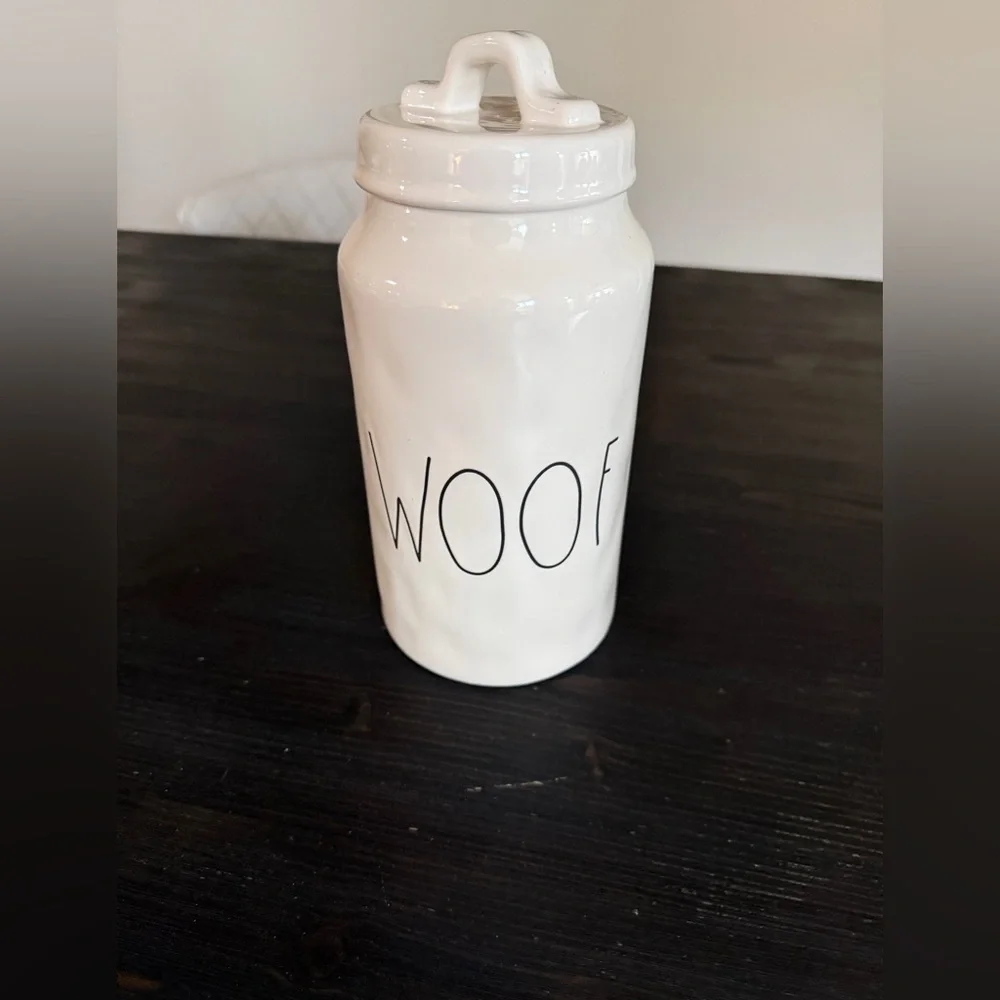 Rae Dunn WOOF Ceramic Pet Dog Treats Canister W/Lid White By Magenta