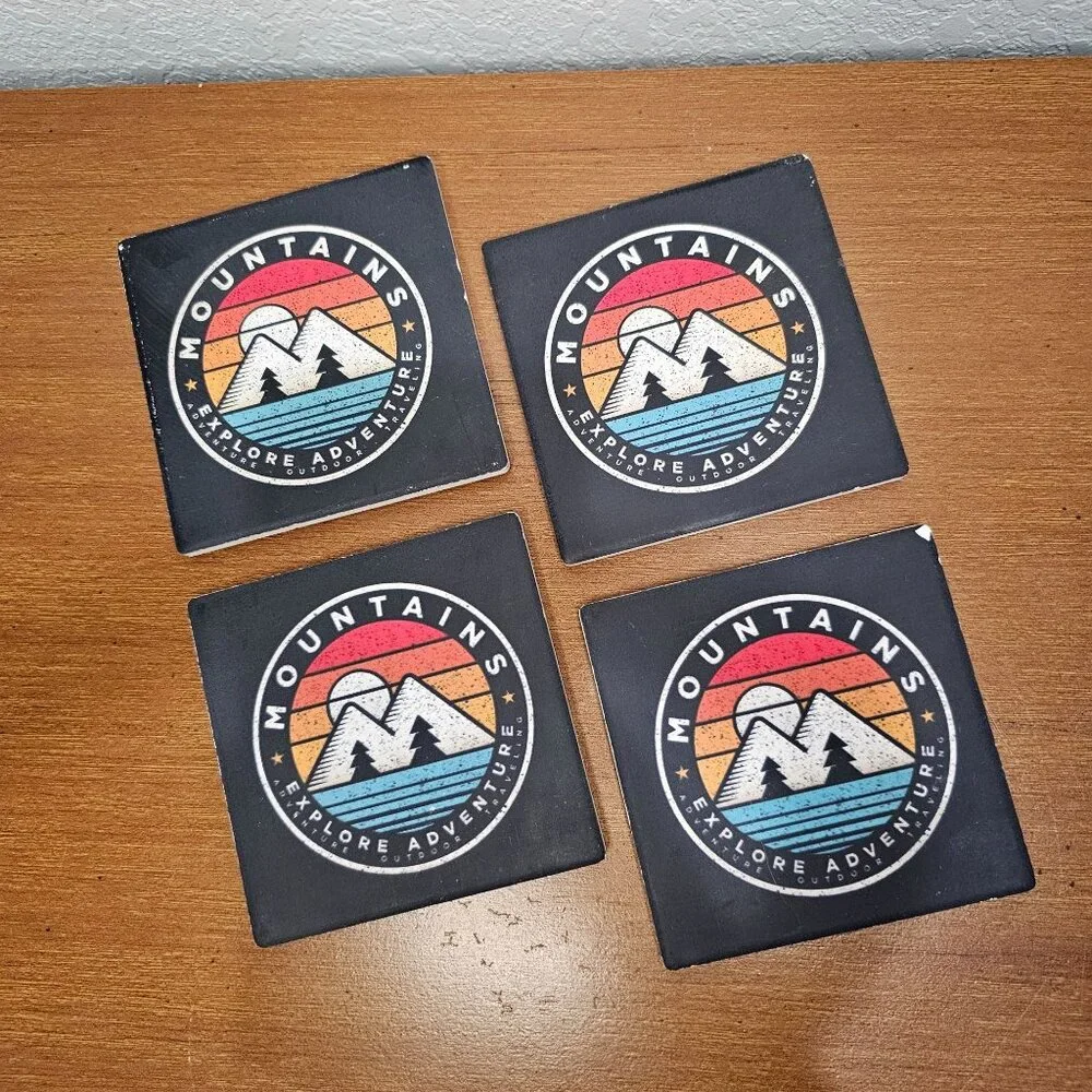 Drink Coasters, set of 4, cork‎ backing, Mountains Adventure Awaits