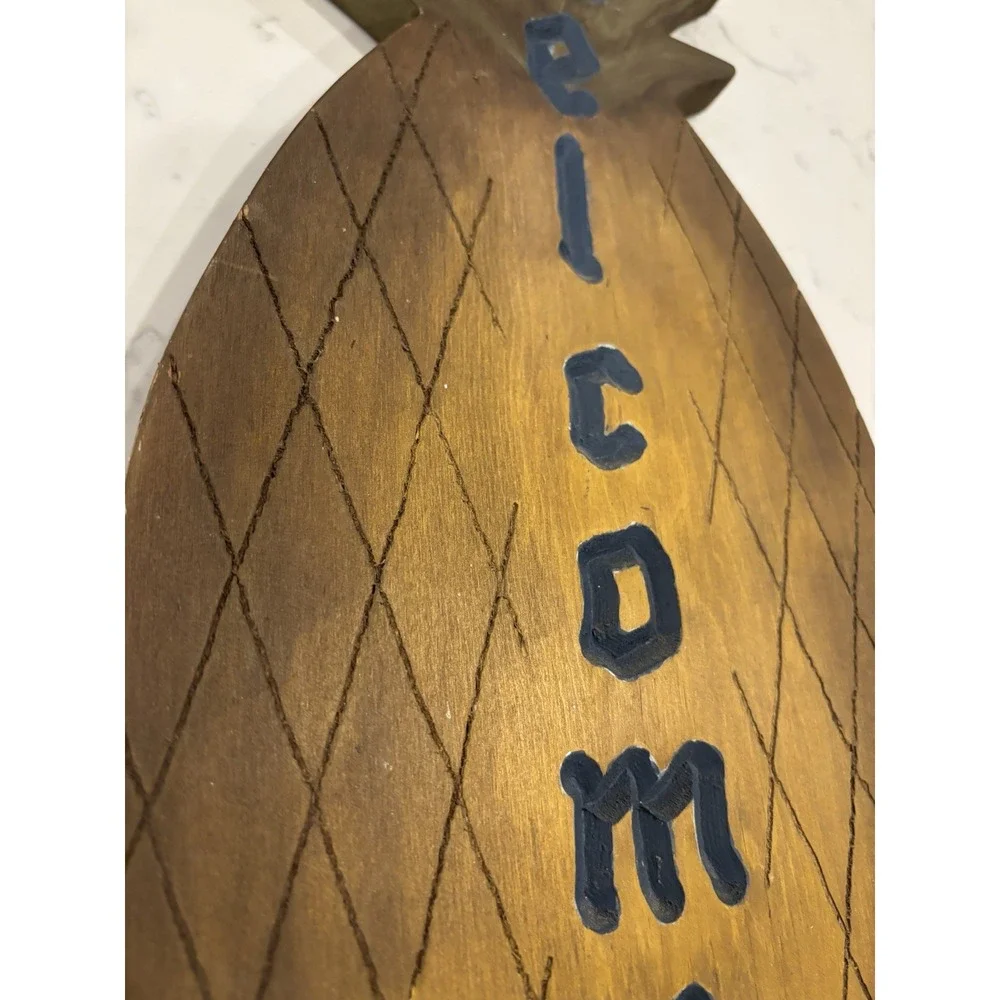 VTG Handmade Handpainted Wooden Pineapple WELCOME Sign Wallhanging Primitive 21