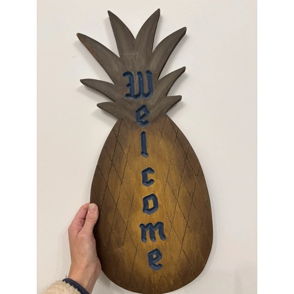 VTG Handmade Handpainted Wooden Pineapple WELCOME Sign Wallhanging Primitive 21