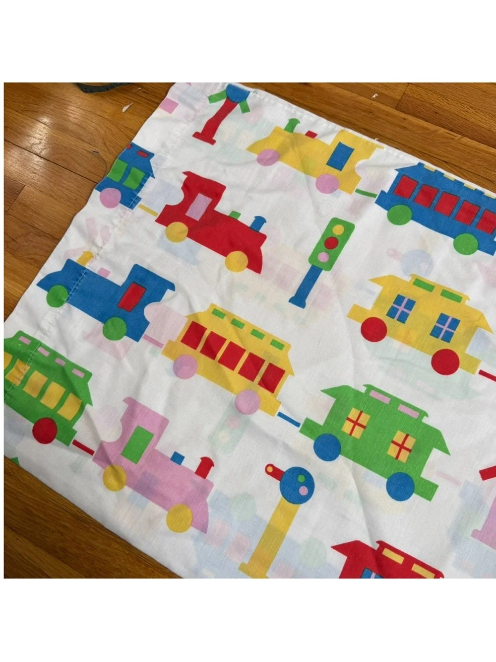 Vintage Train Locomotive Pillowcase Primary Colors 1980’s Transportation Novelty