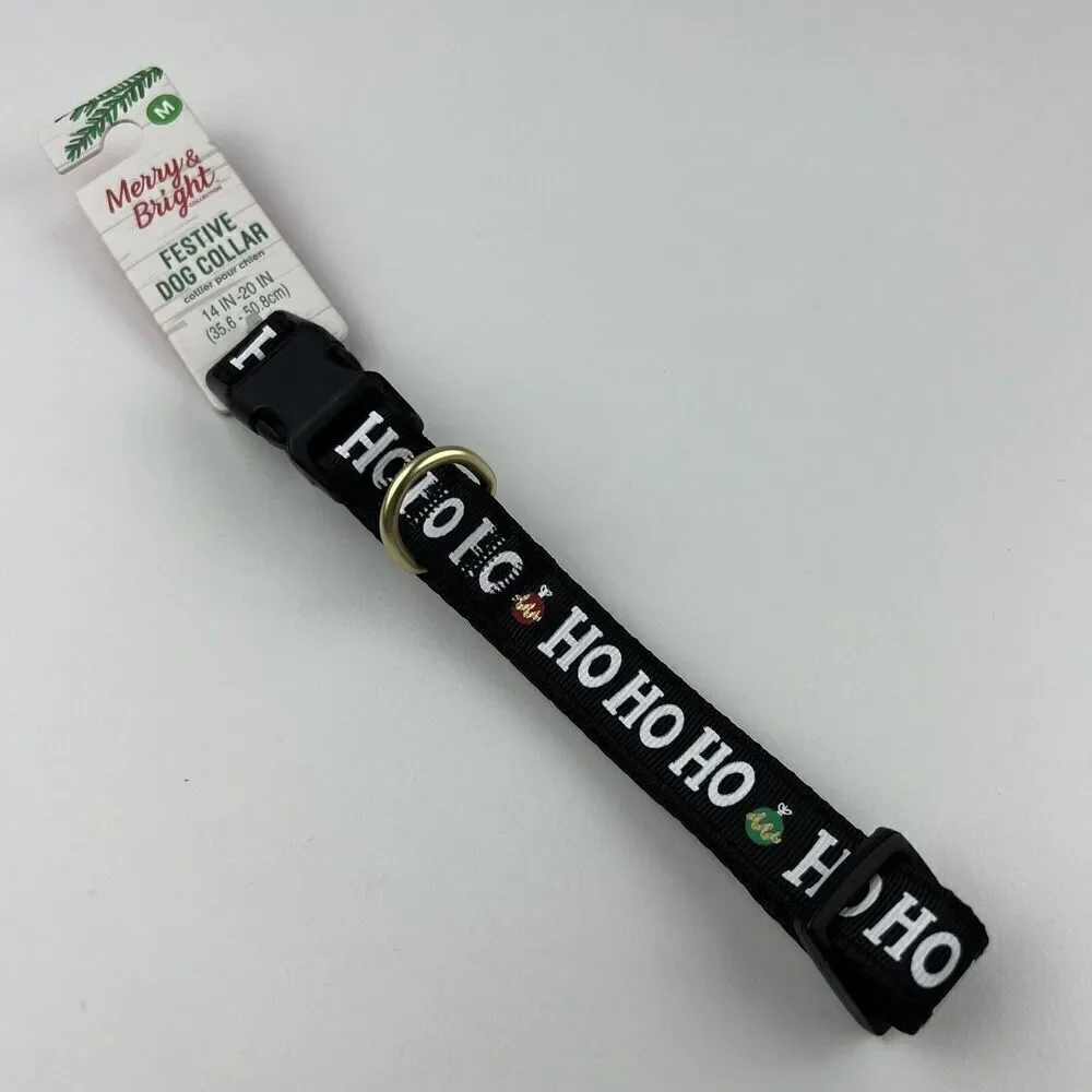 Merry & Bright Adjustable Holiday Themed Dog Collar.  “Ho Ho Ho” Black Size M