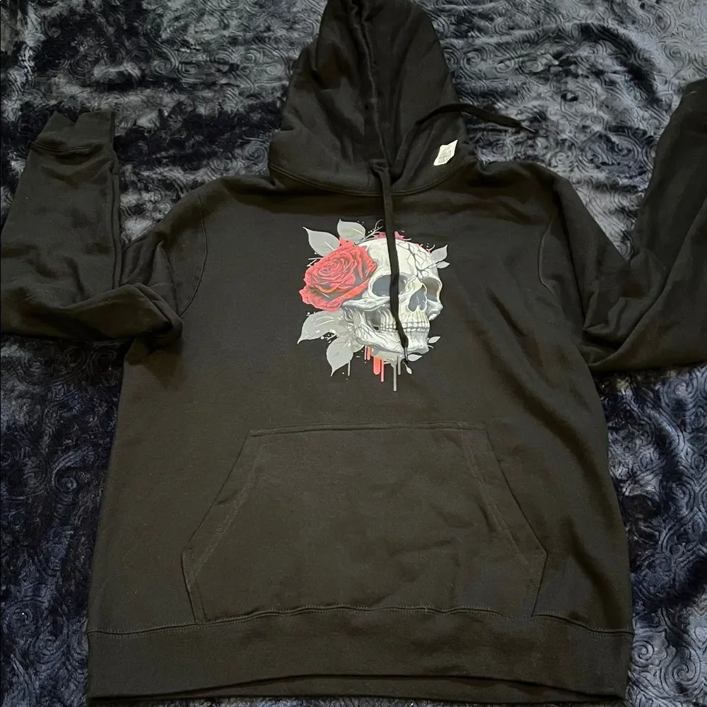 Skull and Rose Design Black Hoodie (Men’s M)