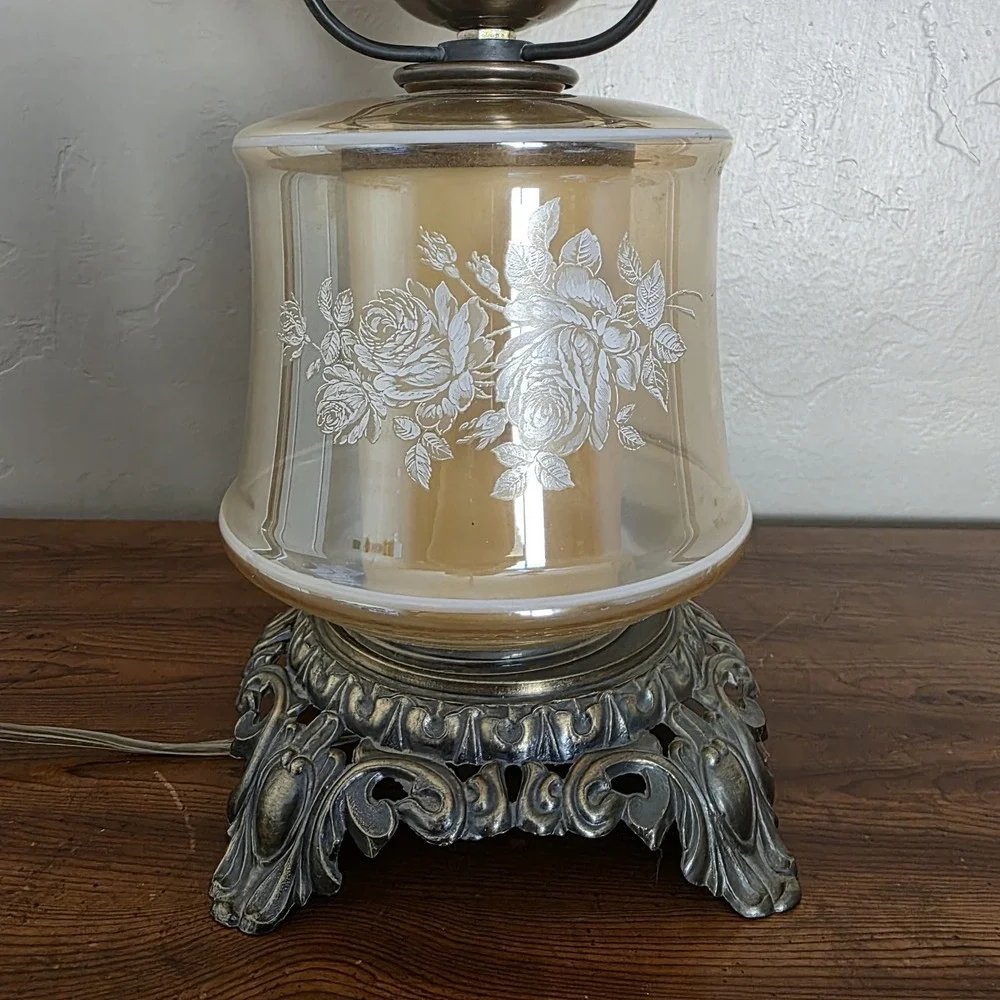 VTG Amber Marigold Luster Iridescent Glass Gone with The Wind Floral 3-Way Lamp