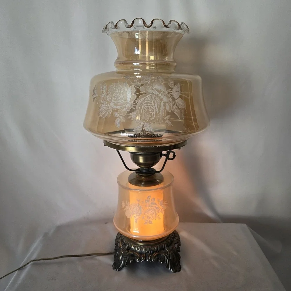 VTG Amber Marigold Luster Iridescent Glass Gone with The Wind Floral 3-Way Lamp