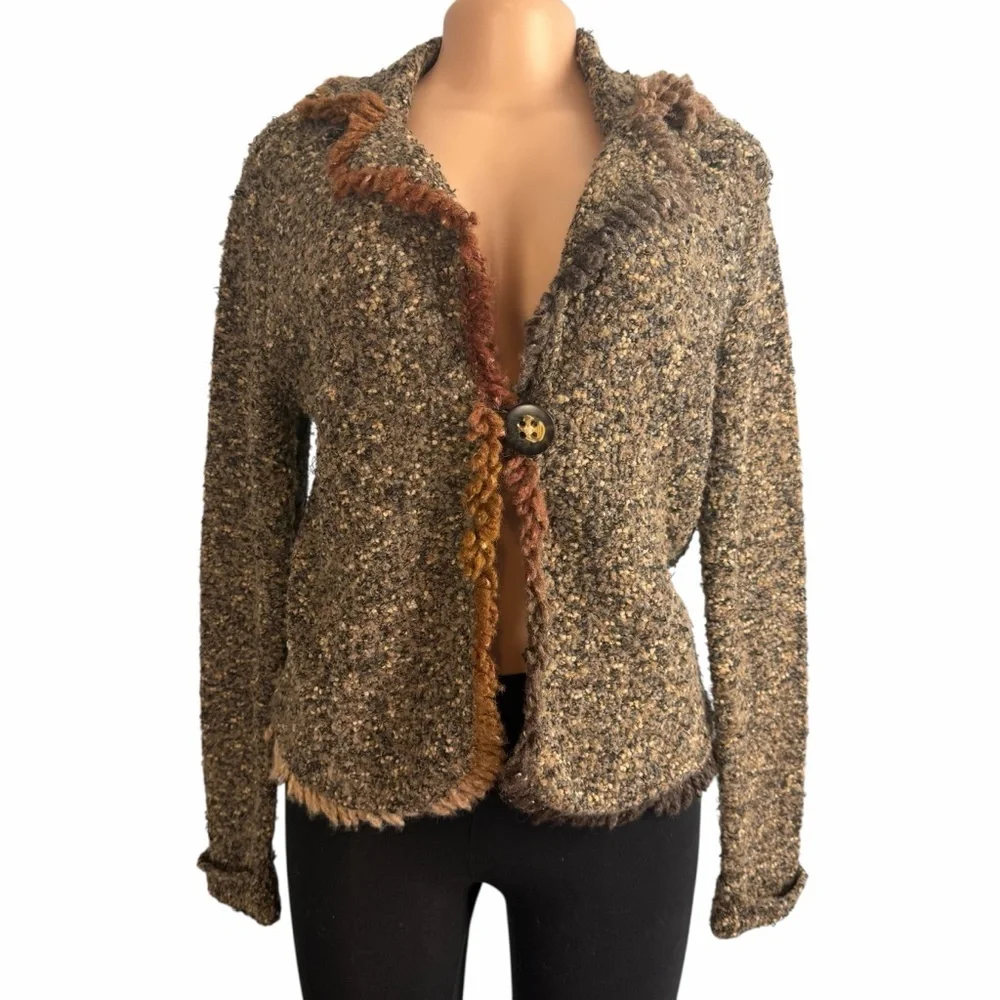 Coldwater Creek Rustic Boho Brown Wool Blend Knit Tweed Cardigan