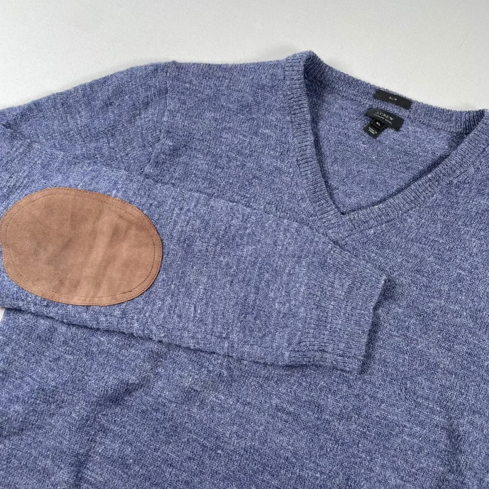 J. Crew Merino Wool Sweater V-Neck Elbow Patch‎ Slim Fit Blue XL
