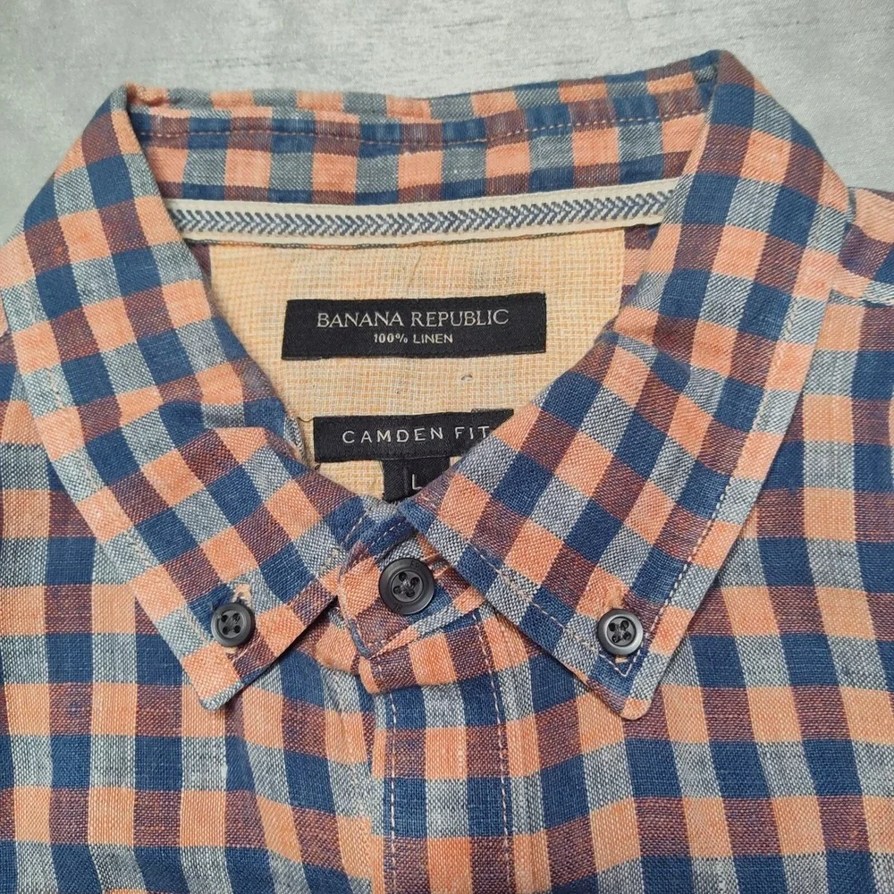 BANANA REPUBLIC CAMDEN FIT LINEN‎ Men Large Blue Orange Plaid Shirt EUC