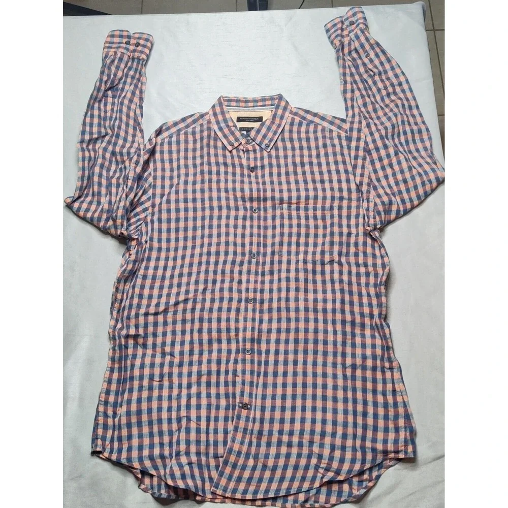 BANANA REPUBLIC CAMDEN FIT LINEN‎ Men Large Blue Orange Plaid Shirt EUC