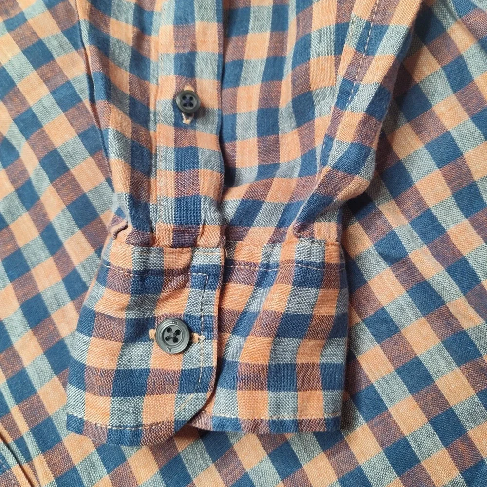 BANANA REPUBLIC CAMDEN FIT LINEN‎ Men Large Blue Orange Plaid Shirt EUC