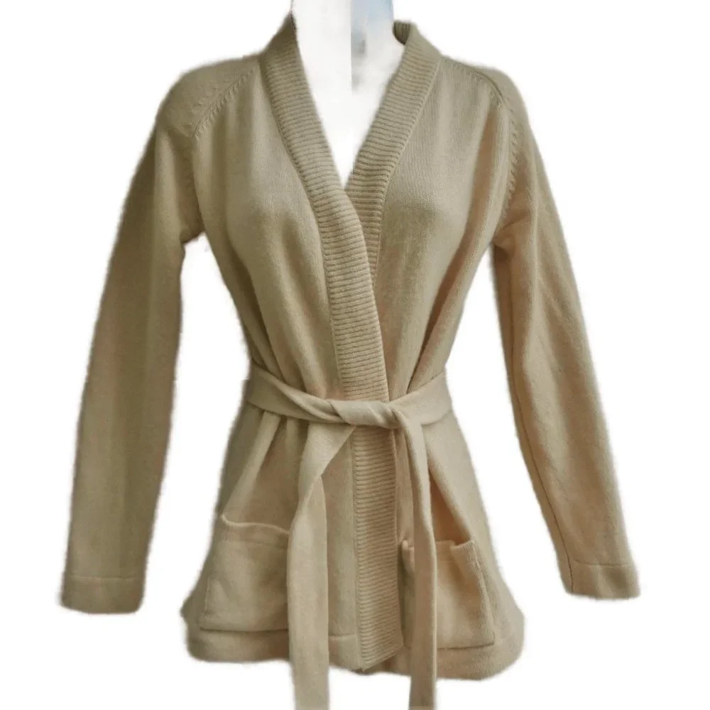 Cashmere Vintage USA 60s Jack Kobren Open Front Cardigan Belted Beige Pockets