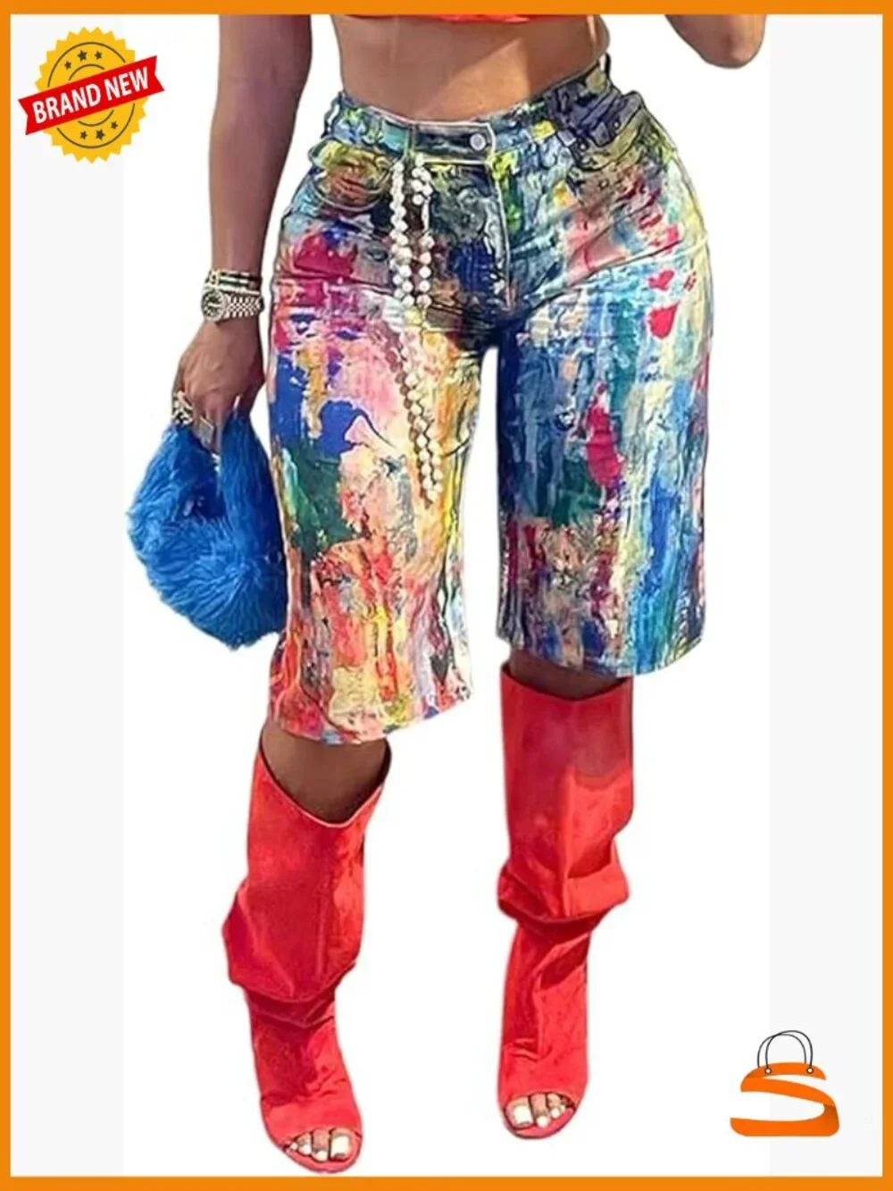 Women's Tie Dye Bermuda Denim Shorts High Waist Baggy Straight Leg Jean Shorts