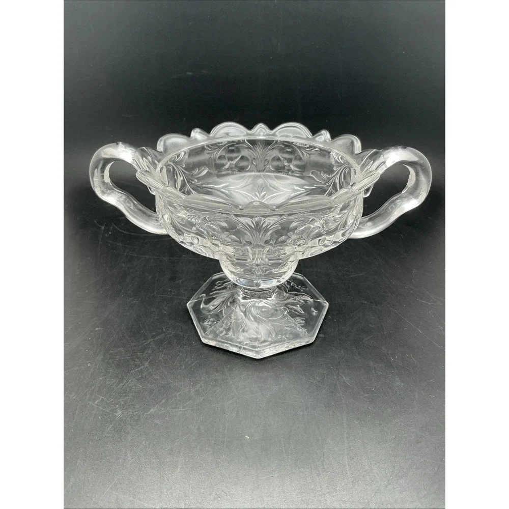 Vintage EAPG Glass Open‎ Sugar Bowl, Scalloped Edge, Etched Flower
