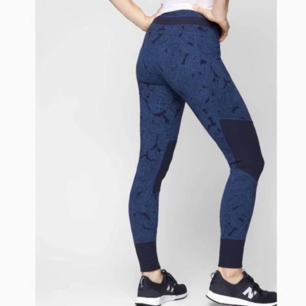 Athleta Leggings Tropical Excursion Blue/Navy Leaf Ribbed Athletic Gym Size‎ XS