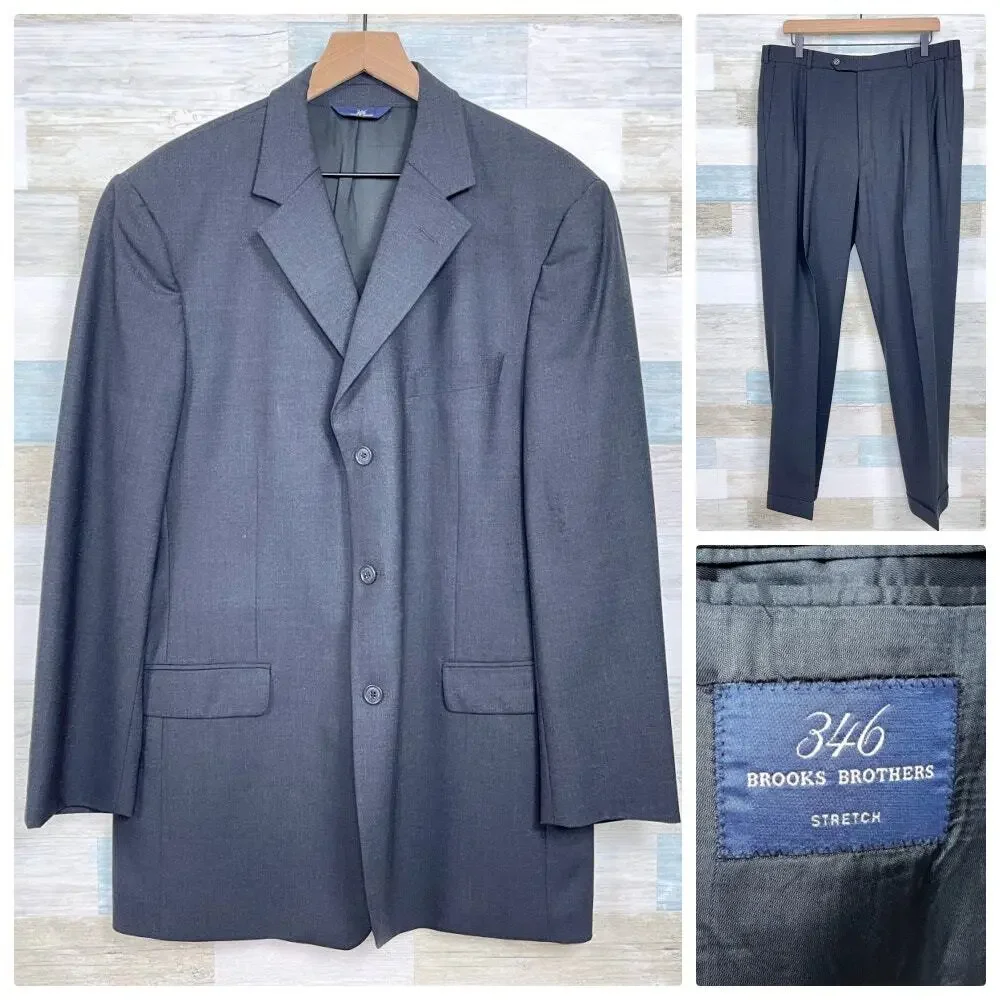 Brooks Brothers 346 Stretch Wool Suit Gray 3 Button Mens 41L Jacket 36R Pants