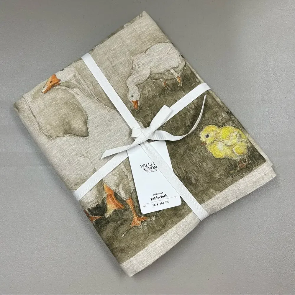 Williams Sonoma Volaille Tablecloth 100% Linen 70 x 108 Animals Rabbit Ducks NWT