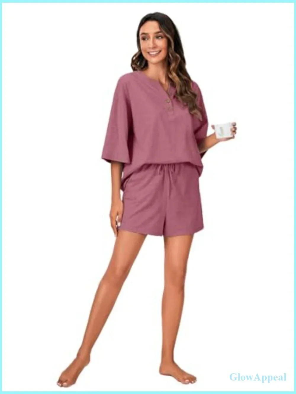 3/4 Sleeve Button Down Pajama Set with Pockets - Soft Lounge Shorts Top
