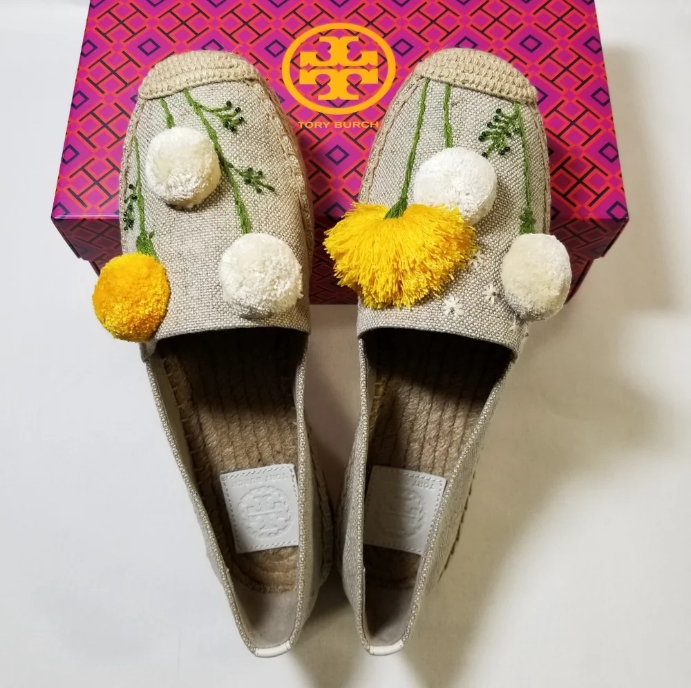 NIB Tory Burch‎ Lily Platform Espadrille Linen/Embroidery in Natural Size 9.5