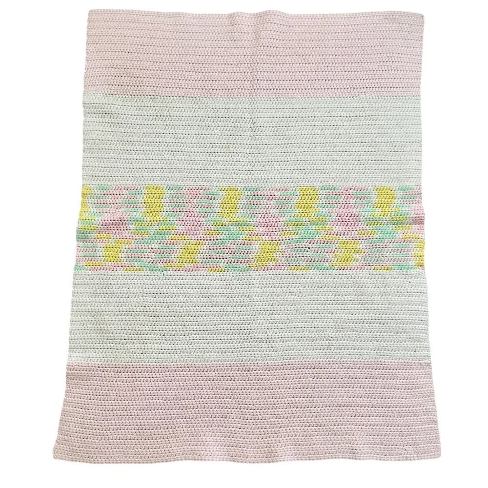 Handmade Crochet Baby Blanket Pink Cream Yellow Pastel‎ Striped Throw 33X26