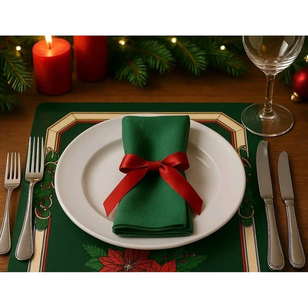 Rare New VTG Penny Penguins Dining Placemats Set 6‎ Christmas Poinsettia & Holly