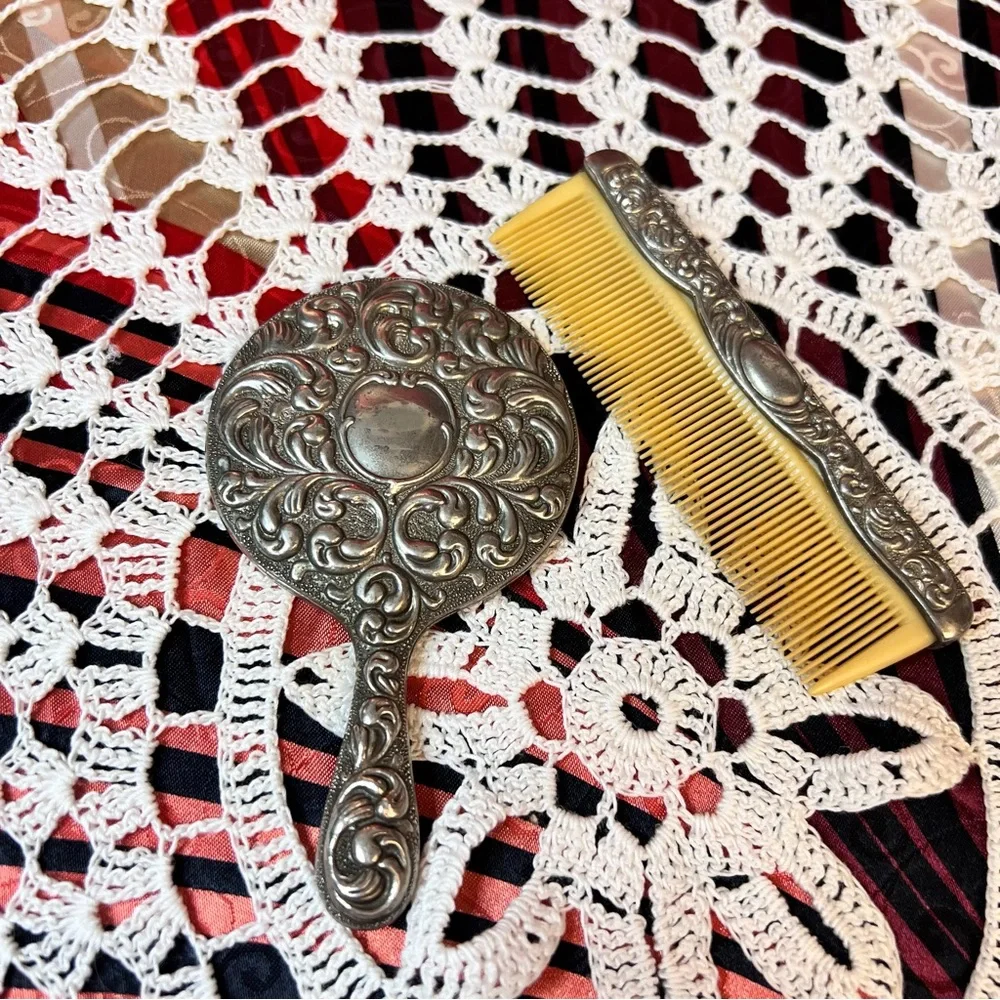 Antique small hand mirror and comb‎ set
