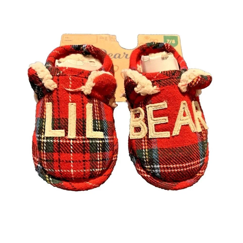 NWT DEARFOAMS Toddler Tartan Red Plaid Lil Bear Slip On Slippers Sz 7/8