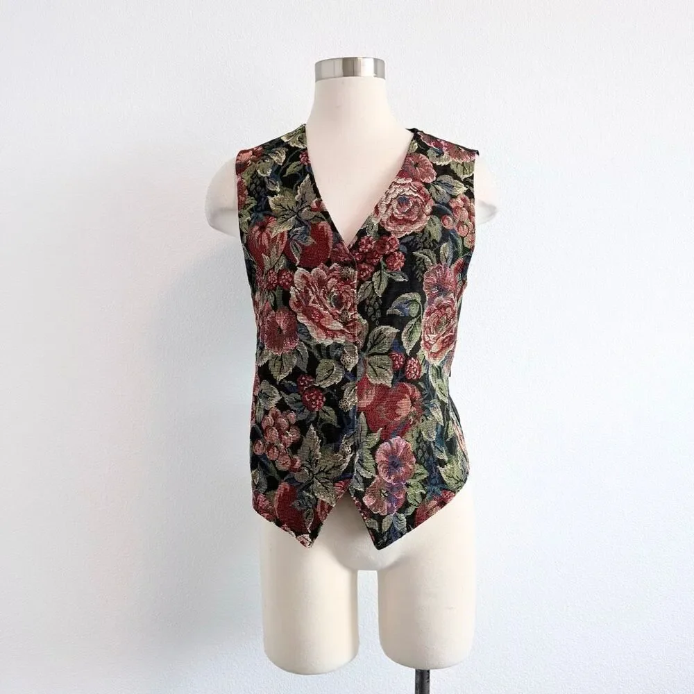 Bobbie Brooks Black Fruit Floral Tapestry Satin Vest Small Rose