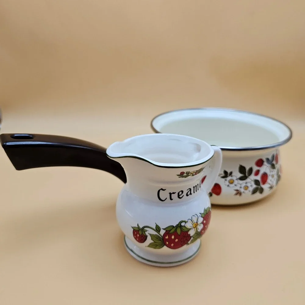 Sheffield Strawberries n‎ Cream Enamel Saucepan Pot with Creamer Pitcher Set