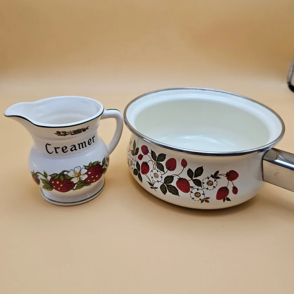 Sheffield Strawberries n‎ Cream Enamel Saucepan Pot with Creamer Pitcher Set