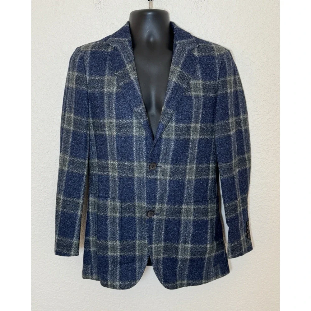 Suitsupply Havana HL C1018I Wool Silk Linen Blazer 36R VBC Windowpane Navy