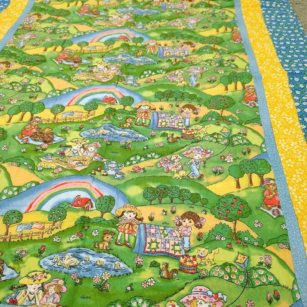 Vintage Yellow Blue Reversible Quilt Baby Blanket 46x32 Animal Picnic Rainbow