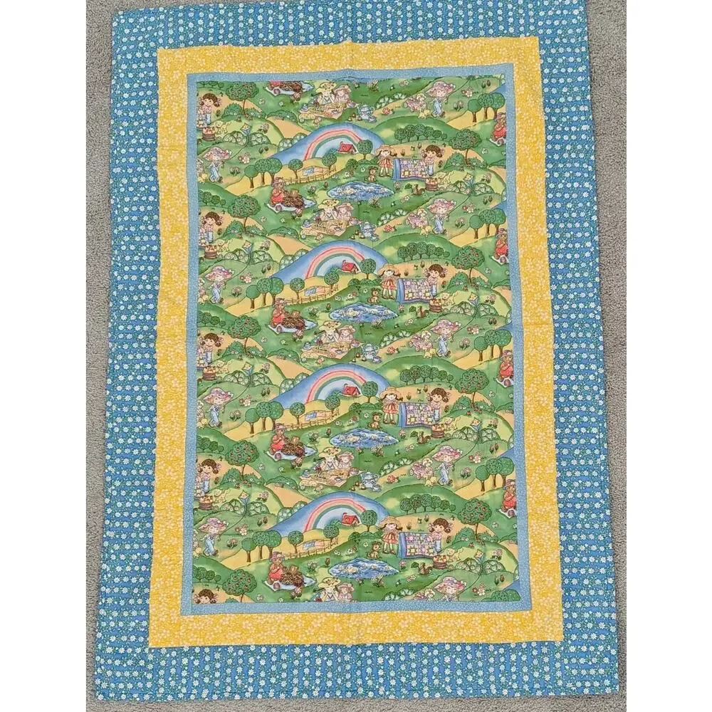Vintage Yellow Blue Reversible Quilt Baby Blanket 46x32 Animal Picnic Rainbow