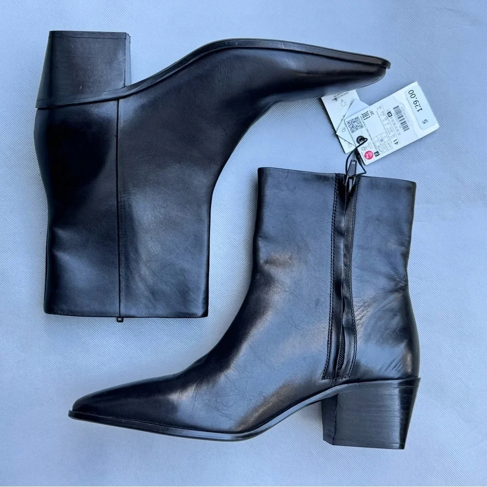 Zara Block Heel Leather Ankle Boots
