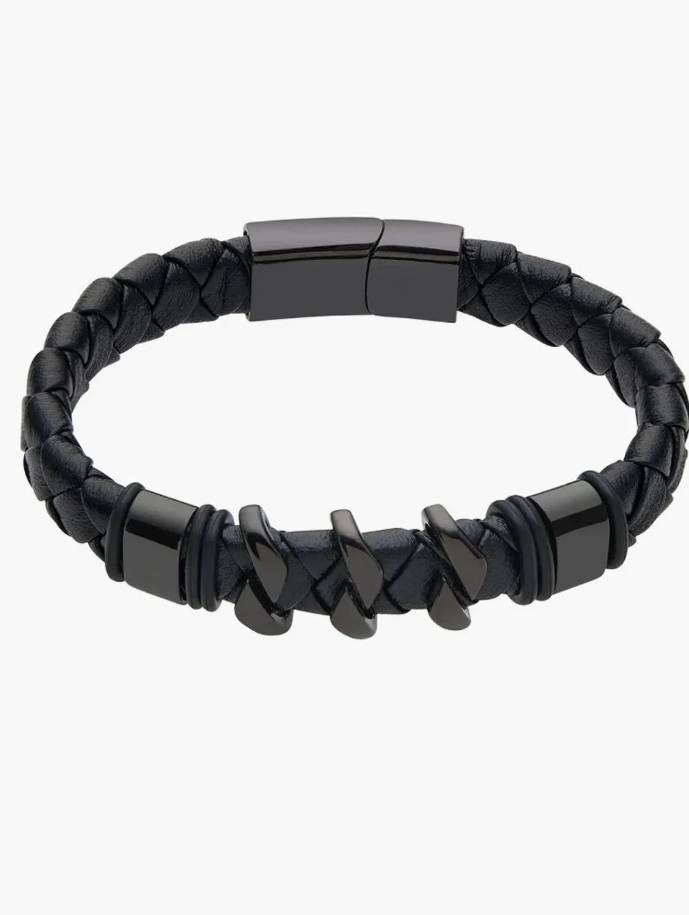 Braided Black Leather & Gunmetal Bracelet