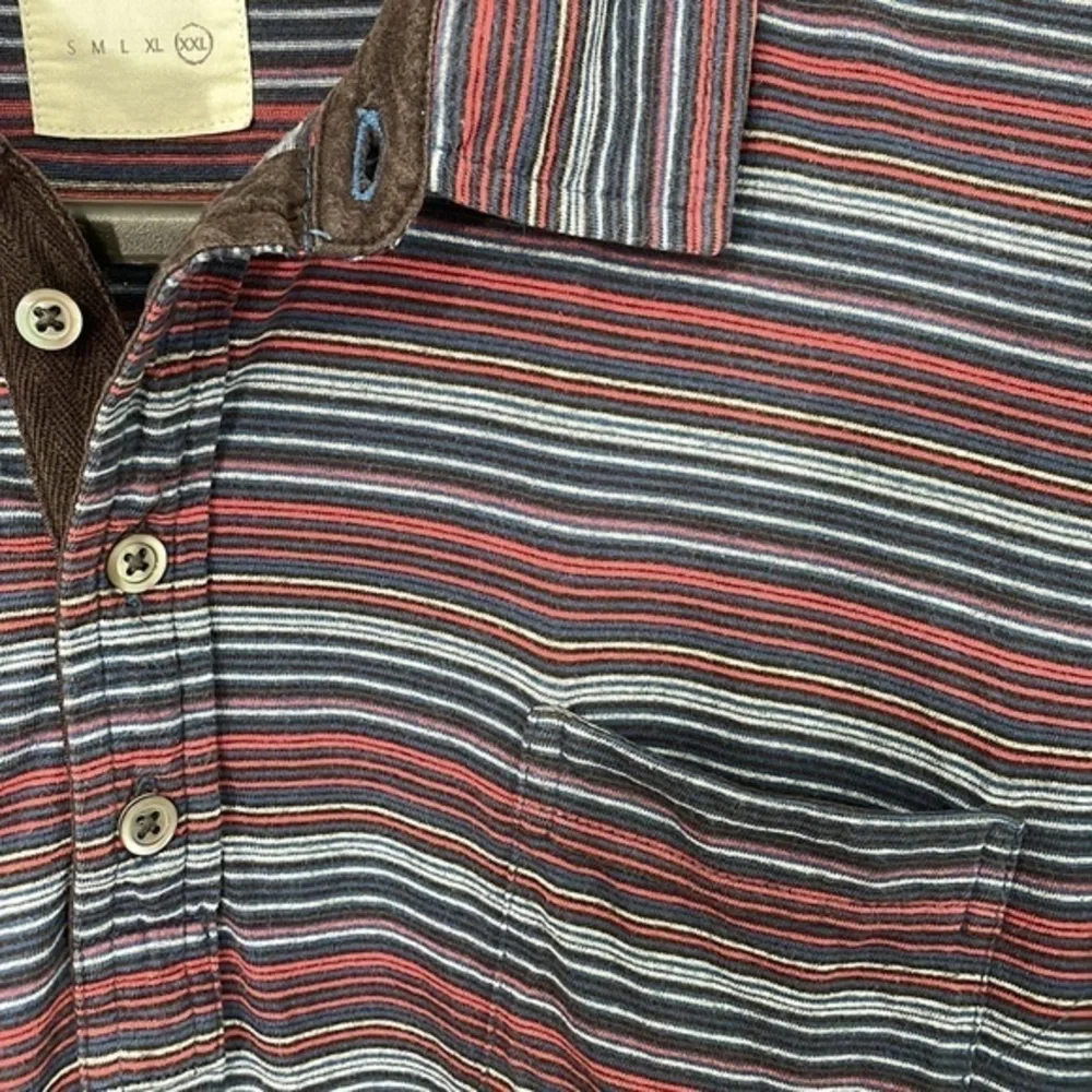 Billy Reid men's XXL red, grey &‎ blue striped short sleeve polo shirt.  EUC