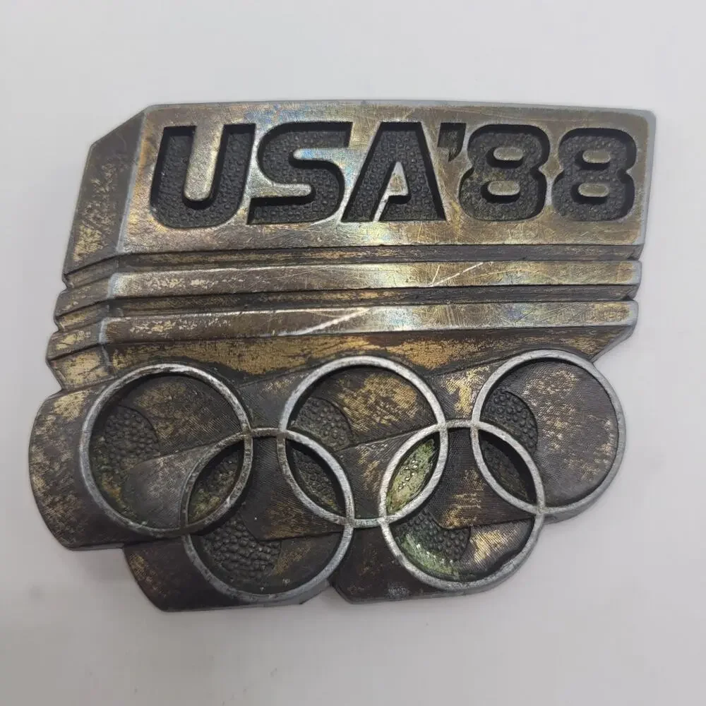 Vintage USA 88 Olympics Belt Buckle Silver Metal Rings 80s Retro Americana Seoul