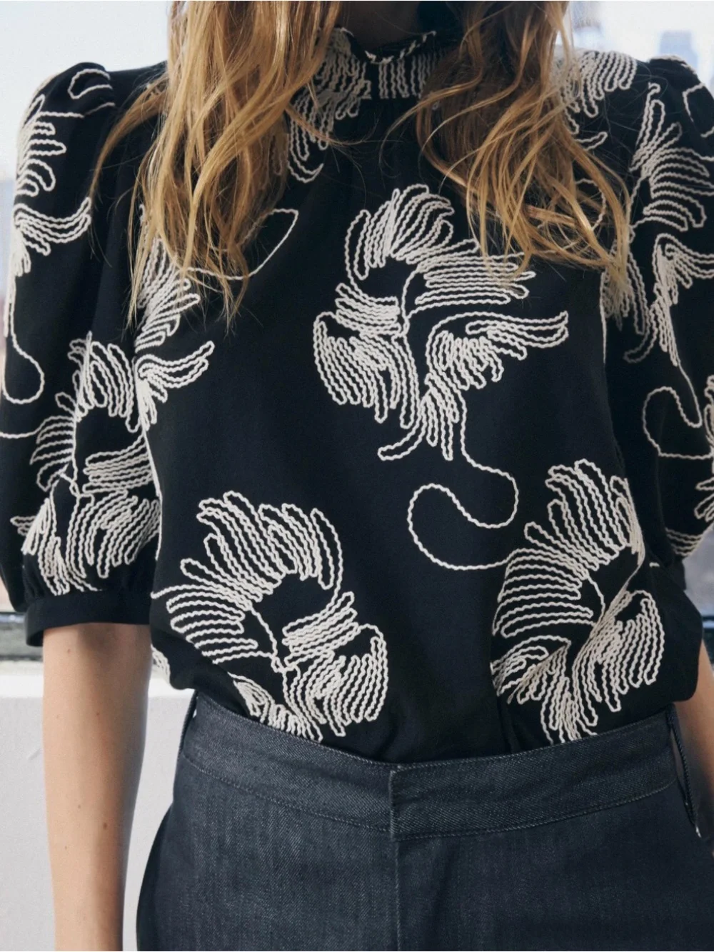 New with tags, Zara Black Floral Puff-Sleeve Blouse with Mock Neck