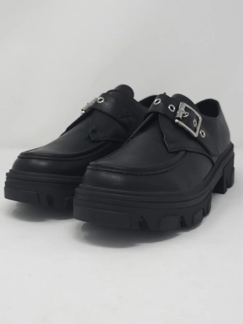 CHARCOAL PU Chunky Platform Loafers Buckle Strap Lug Sole Slip On Casual Trendy
