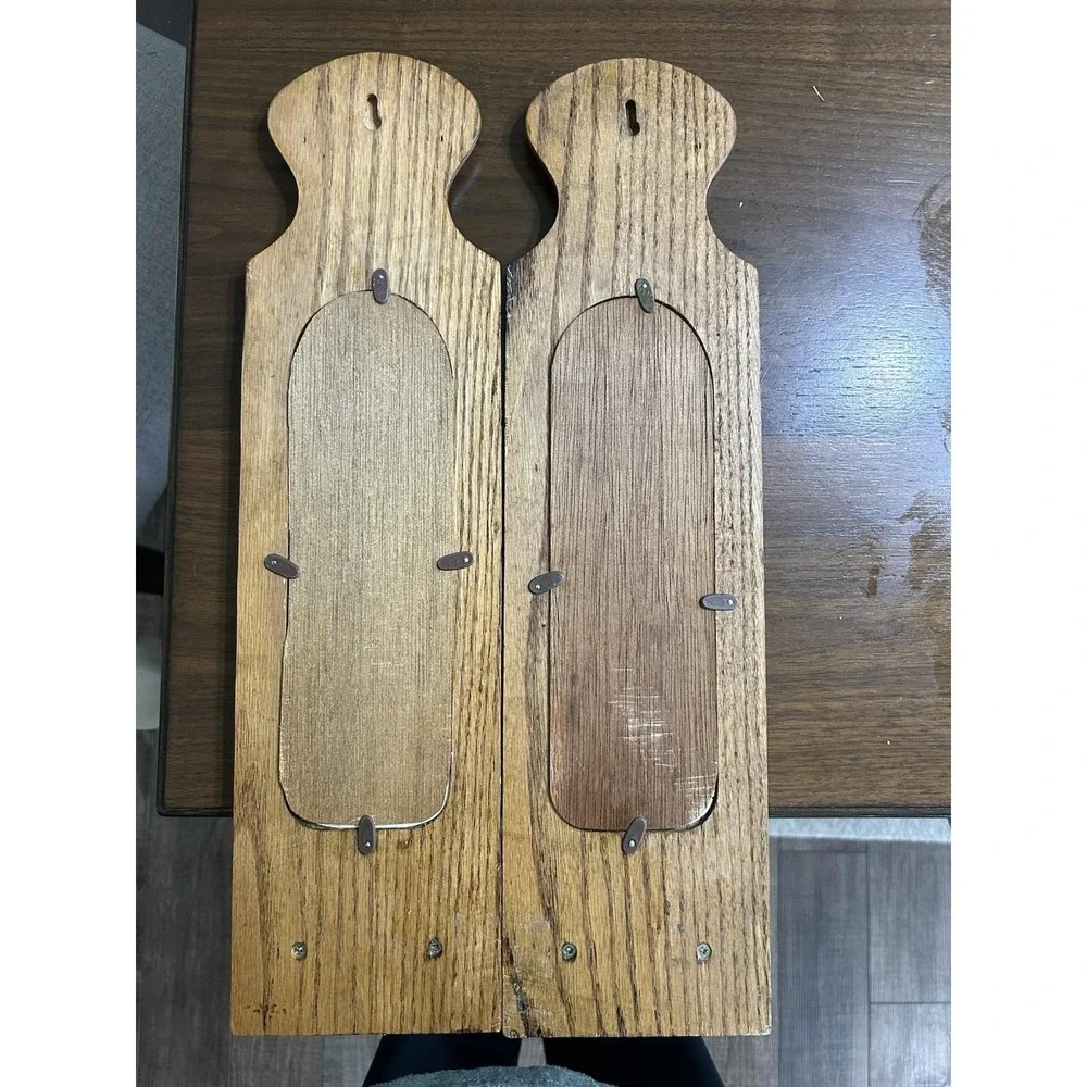 Vintage Oak Wood Mirrored Wall Sconces - Pair