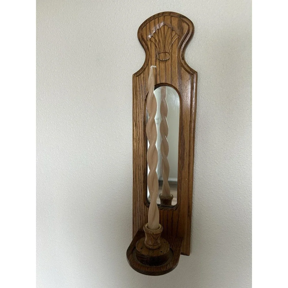Vintage Oak Wood Mirrored Wall Sconces - Pair