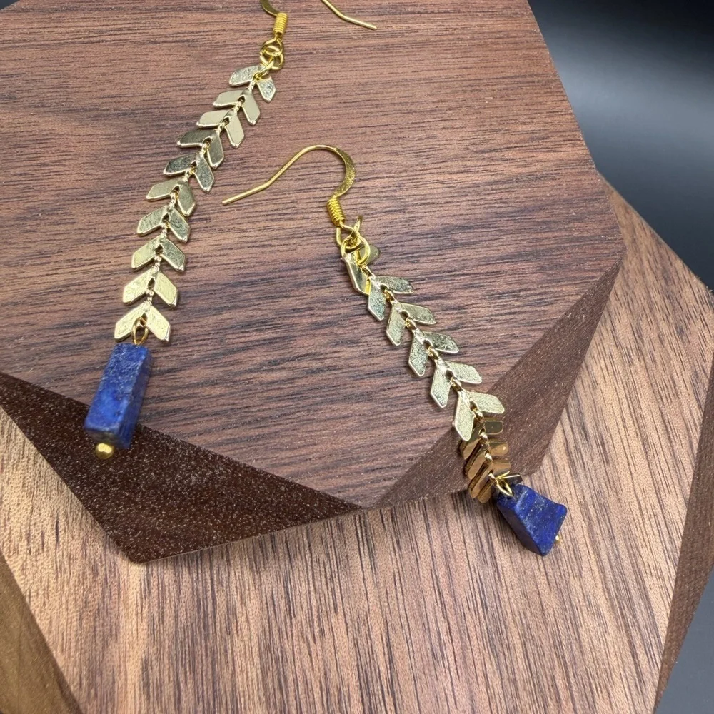 ✨ Handmade Gold-Tone Chain & Blue Stone Drop Earrings ✨