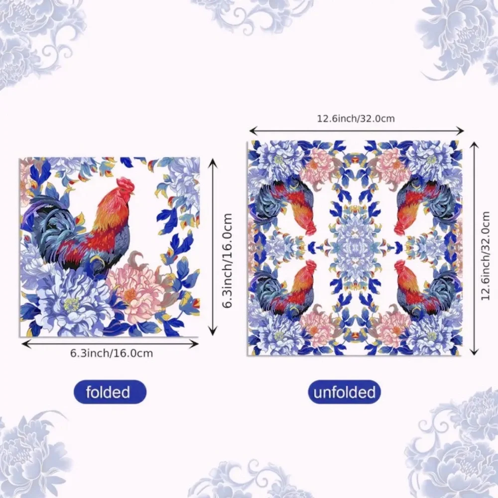 Blue Floral Rooster 2-ply Luncheon Paper Napkins, 20 ct