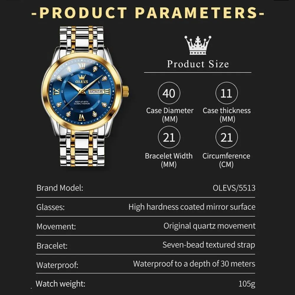 Olevs Men's Gold and Blue Stainless Steel Man Watch Luminous Stylish Watch